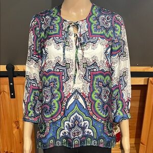Talbots Blue and Green Paisley Blouse 100% Silk